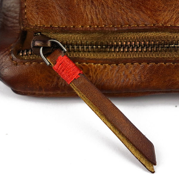 DEEPKEE original nubuck handmade full-grain genuine leather cowhide bag Vintage Slim Tan Leather Coin Wallet Zipper Coin Holder #SG121