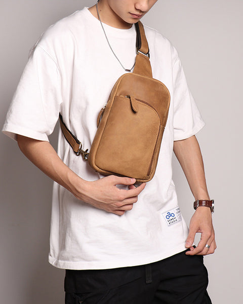 DEEPKEE original nubuck handmade full-grain genuine leather cowhide bag Baldwin Unisex Sling Bag No.30011