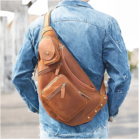 DEEPKEE original nubuck handmade full-grain genuine leather cowhide bag Alden Outdoor Travel Chest Bag No.30073