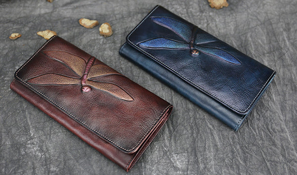 DEEPKEE original nubuck handmade full-grain genuine leather cowhide bag Deepkee Leather Carving Dragonflies Wallet #9630