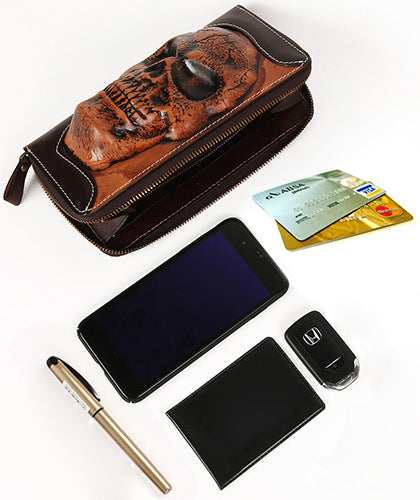DEEPKEE original nubuck handmade full-grain genuine leather cowhide bag Handmade Leather Skull Death Tooled Long Wallet #5248