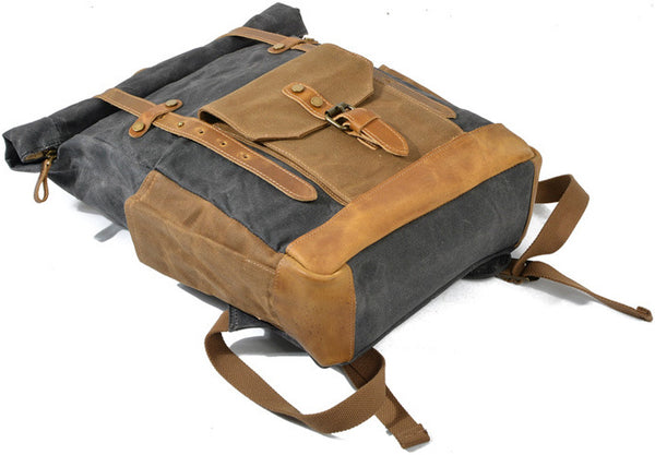 DEEPKEE original nubuck handmade full-grain genuine leather cowhide bag Classic Oil-Wax Canvas Drawstring Backpack #6105Z