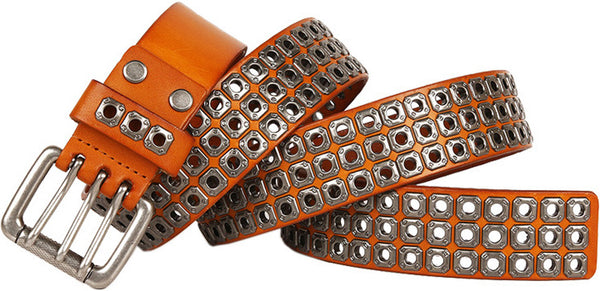 DEEPKEE original nubuck handmade full-grain genuine leather cowhide bag Punk Vapor Eye Hollowed Out Studded Cowhide Belt #210705