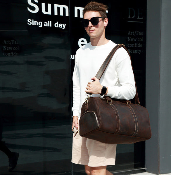 DEEPKEE original nubuck handmade full-grain genuine leather cowhide bag The Duffel Luggage Bag #6482 Our Men's Leather Duffle Bag with Shoe Compartment.