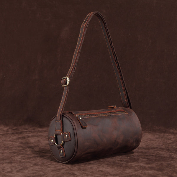 DEEPKEE original nubuck handmade full-grain genuine leather cowhide bag Vintage Leather Cylindricity Crossbody Bags No.SF061