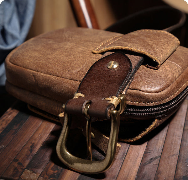 DEEPKEE original nubuck handmade full-grain genuine leather cowhide bag Leather Cowhide Frosted Brown Wear Belt Riding Site Work Waist Bag #6370