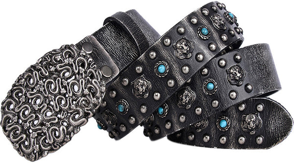 DEEPKEE original nubuck handmade full-grain genuine leather cowhide bag Heavy Industry Trend Rivets Punk Inlaid Imitation Tturquoise Cowhide Belt #191207