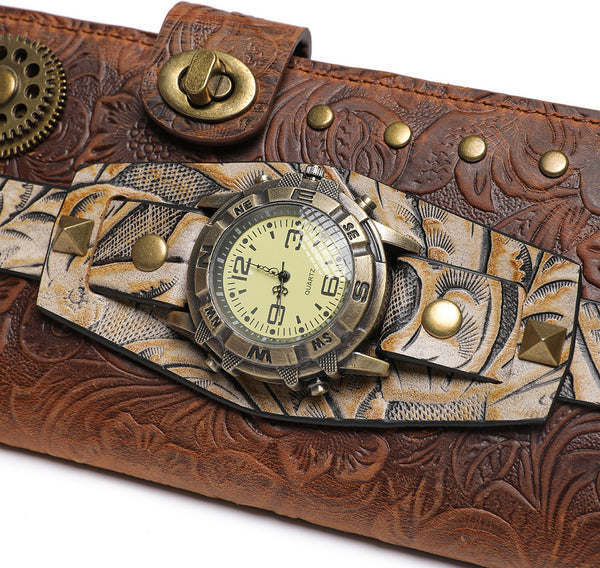 DEEPKEE original nubuck handmade full-grain genuine leather cowhide bag Deepkee Steampunk Women's Long Wallet #ZPBG191BN