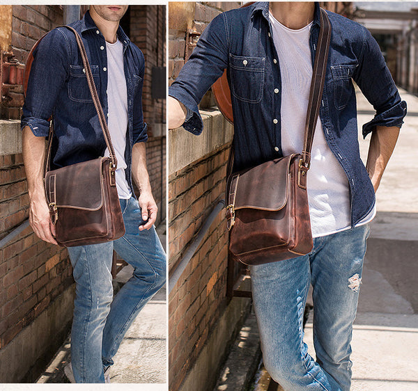 DEEPKEE original nubuck handmade full-grain genuine leather cowhide bag DEEPKEE Leather Side Bag 10 inches Messenger Bag P2112FS