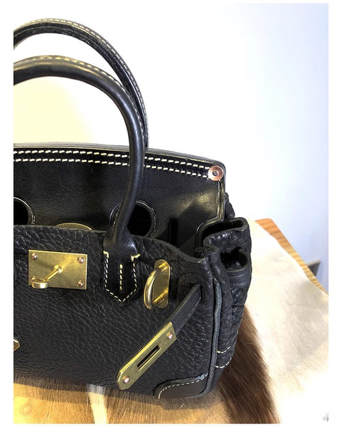 DEEPKEE original nubuck handmade full-grain genuine leather cowhide bag Shrunk Grain Cowhide Replic Faux Birkin 25 Bag #EOL-4494