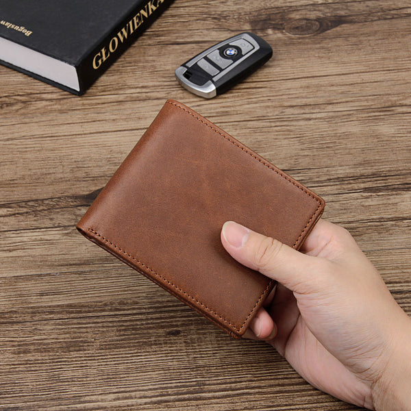DEEPKEE original nubuck handmade full-grain genuine leather cowhide bag Best Brown Bifold Leather Mens Wallet Slim Wallet Driver's License Wallet for Men 8029