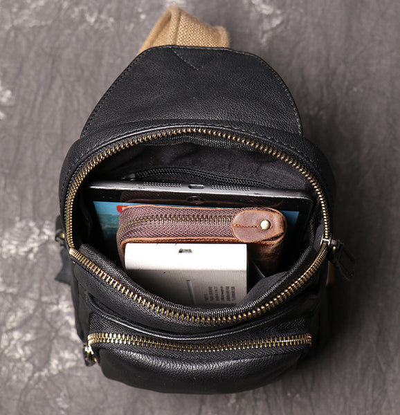 DEEPKEE original nubuck handmade full-grain genuine leather cowhide bag Men's Leather Casual Sling Bag with Canvas Strap No.4011