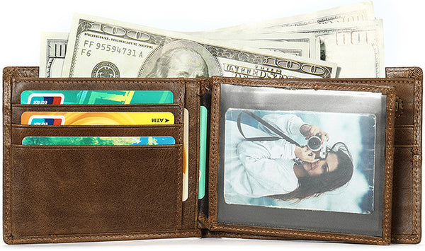 DEEPKEE original nubuck handmade full-grain genuine leather cowhide bag BIFOLD COMPACT WALLET NO.8064