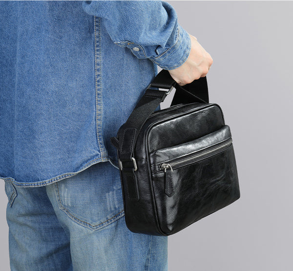 DEEPKEE original nubuck handmade full-grain genuine leather cowhide bag Black Cool Leather 10 inches Large Zipper Messenger Bag Handbag Shoulder Bag For Men