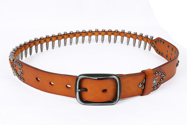 DEEPKEE original nubuck handmade full-grain genuine leather cowhide bag Hand-decorated Punk Knight Bullet Belt #21322