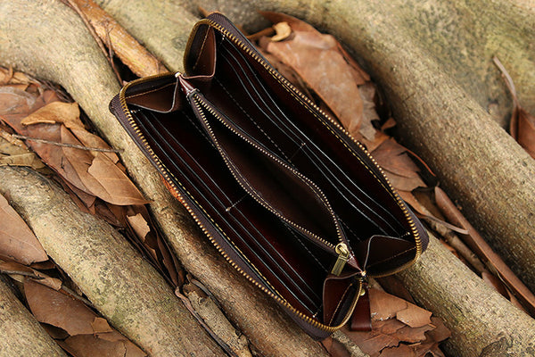 DEEPKEE original nubuck handmade full-grain genuine leather cowhide bag Handmade Leather Skull Death Tooled Long Wallet #5248