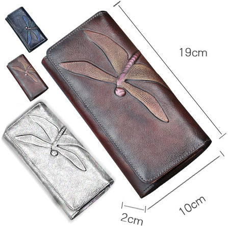DEEPKEE original nubuck handmade full-grain genuine leather cowhide bag Deepkee Leather Carving Dragonflies Wallet #9630
