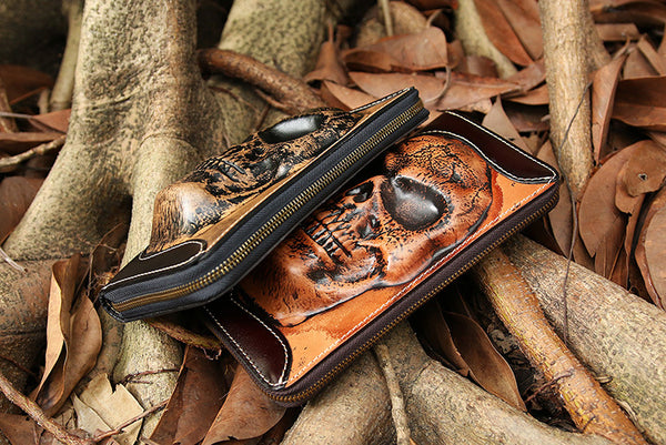 DEEPKEE original nubuck handmade full-grain genuine leather cowhide bag Handmade Leather Skull Death Tooled Long Wallet #5248