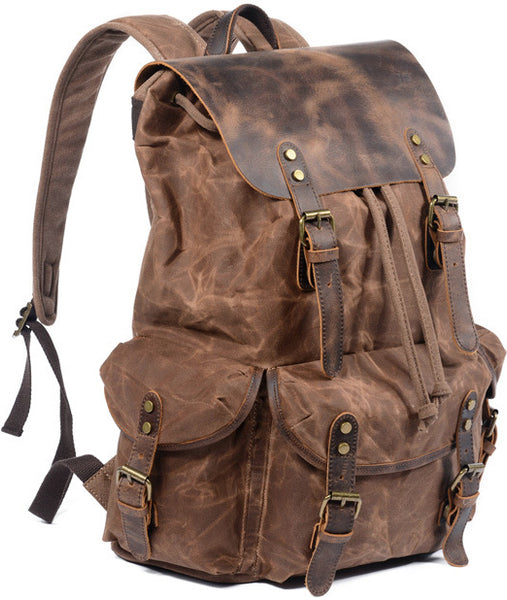 DEEPKEE original nubuck handmade full-grain genuine leather cowhide bag Classic Oil-Wax Canvas Drawstring Backpack #6105Z