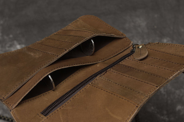 DEEPKEE original nubuck handmade full-grain genuine leather cowhide bag Deepkee Genuine Leather Bifold Wallet Organizer Checkbook Iron Chain #LD052