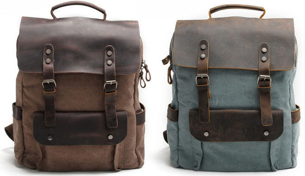 DEEPKEE original nubuck handmade full-grain genuine leather cowhide bag Vintage Waxed Canvas Backpack, Waterproof Rucksack # 8064K_1