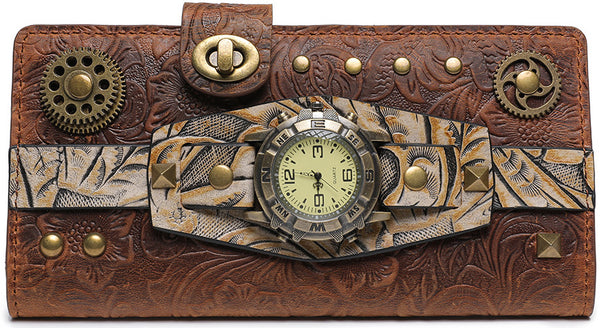 DEEPKEE original nubuck handmade full-grain genuine leather cowhide bag Deepkee Steampunk Women's Long Wallet #ZPBG191BN