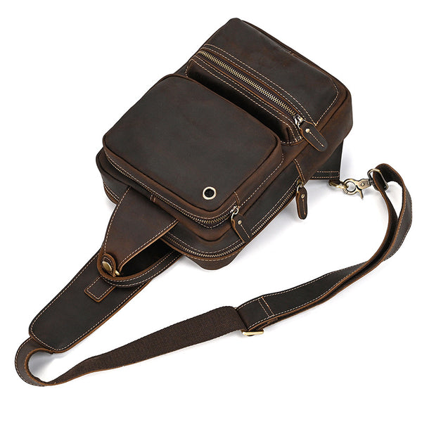 DEEPKEE original nubuck handmade full-grain genuine leather cowhide bag Leather Mens Cool Sling Bag Crossbody Bag Chest Bag for men #9456