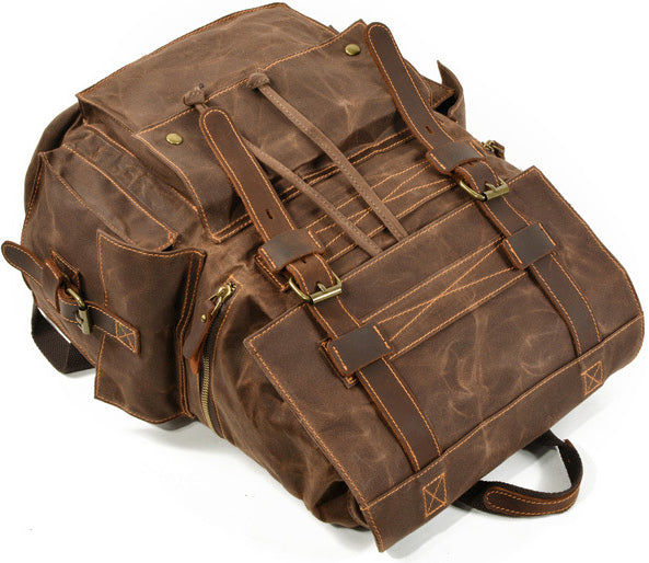 DEEPKEE original nubuck handmade full-grain genuine leather cowhide bag Waxed Canvas Travel Hiking Backpack # 9504