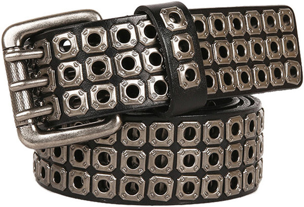 DEEPKEE original nubuck handmade full-grain genuine leather cowhide bag Punk Vapor Eye Hollowed Out Studded Cowhide Belt #210705