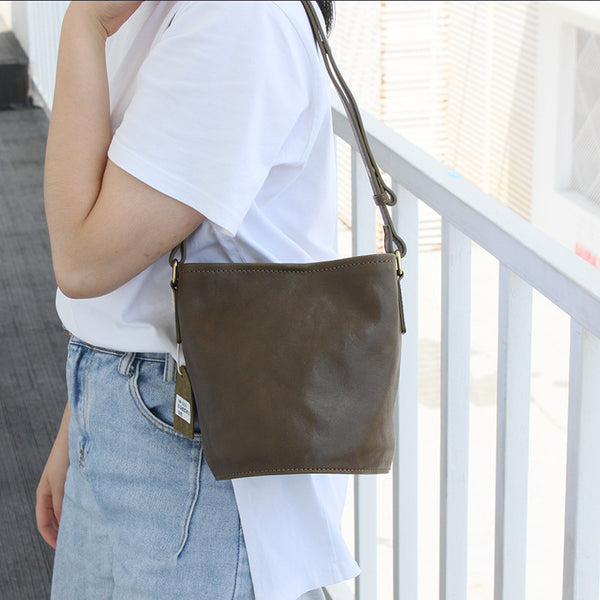 DEEPKEE original nubuck handmade full-grain genuine leather cowhide bag Vegetable Tanned Cowhide Leather Tote Bucket Bag #KM-019