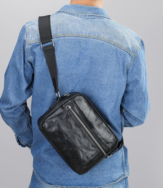 DEEPKEE original nubuck handmade full-grain genuine leather cowhide bag Black Cool Leather 10 inches Large Zipper Messenger Bag Handbag Shoulder Bag For Men