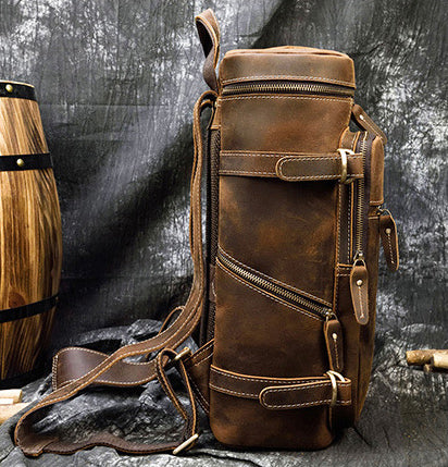 DEEPKEE original nubuck handmade full-grain genuine leather cowhide bag Jacob Offset Cylinder Travel Backpack No8027