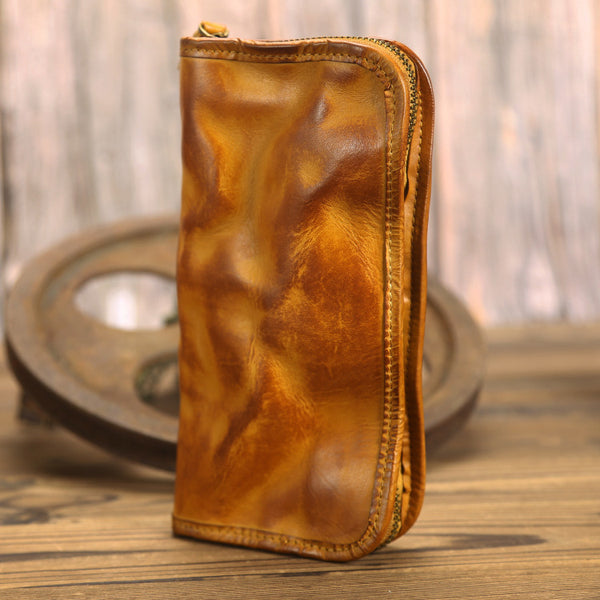 DEEPKEE original nubuck handmade full-grain genuine leather cowhide bag Handmade Leather Mens Long Chain Wallet Bifold Biker Wallet Zipper Clutch Wallet for Men #SG012