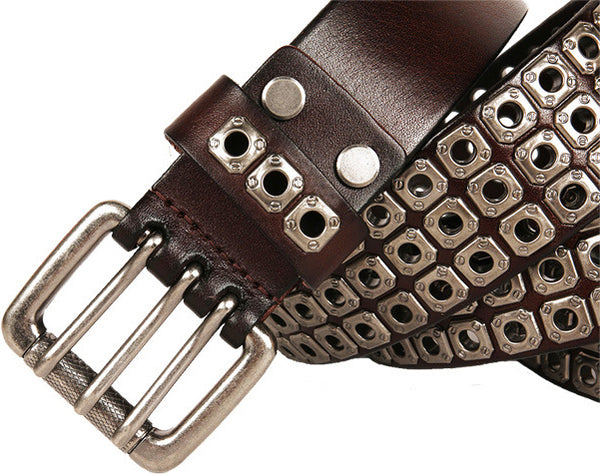 DEEPKEE original nubuck handmade full-grain genuine leather cowhide bag Punk Vapor Eye Hollowed Out Studded Cowhide Belt #210705