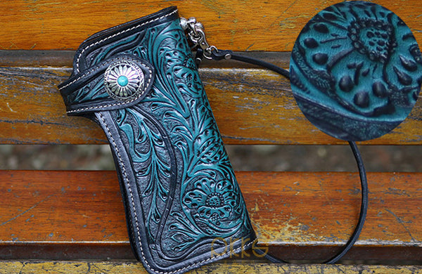 DEEPKEE original nubuck handmade full-grain genuine leather cowhide bag Deepkee Handmade Tooled Leather Floral Biker Wallet Chain 81665