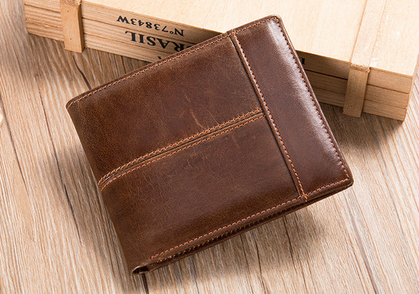 DEEPKEE original nubuck handmade full-grain genuine leather cowhide bag BIFOLD COMPACT WALLET NO.8064