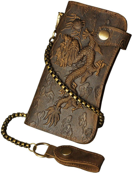 DEEPKEE original nubuck handmade full-grain genuine leather cowhide bag Deepkee Genuine Leather Bifold Wallet Organizer Checkbook Iron Chain #LD052