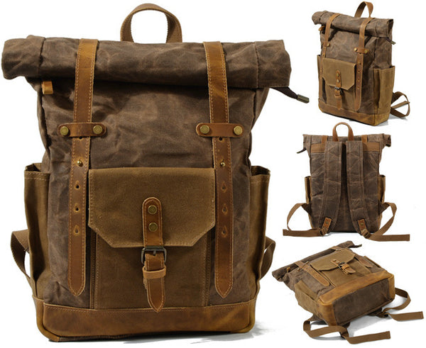 DEEPKEE original nubuck handmade full-grain genuine leather cowhide bag Classic Oil-Wax Canvas Drawstring Backpack #6105Z