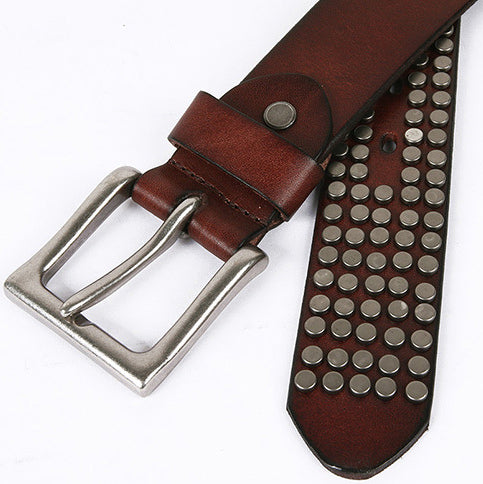 DEEPKEE original nubuck handmade full-grain genuine leather cowhide bag Deepkee Handcrafted Cowhide Circle Rivet Belt #687856