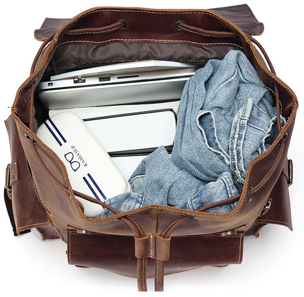 DEEPKEE original nubuck handmade full-grain genuine leather cowhide bag The Drawstring Backpack #6584