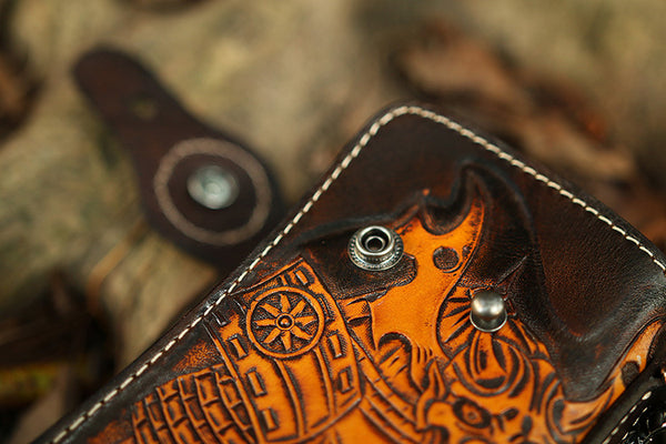 DEEPKEE original nubuck handmade full-grain genuine leather cowhide bag Handmade Black Leather Men's Long Biker Wallet Chain Wallet Long Biker Chain Wallet