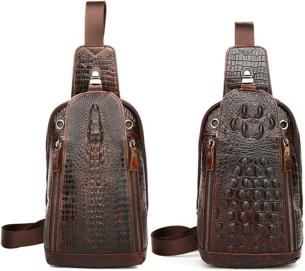 DEEPKEE original nubuck handmade full-grain genuine leather cowhide bag Deepkee Leather Crocodile Texture Cowhide Sling Bag #1313