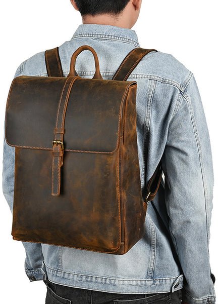 DEEPKEE original nubuck handmade full-grain genuine leather cowhide bag Travel Rucksack School Backpack No1811