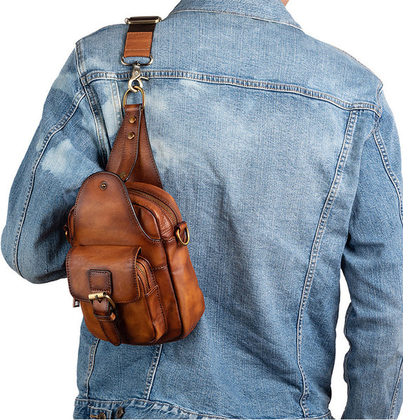 DEEPKEE original nubuck handmade full-grain genuine leather cowhide bag Leather Sling Bag Crossbody Sling Pack Black Small Shoulder Bag Side Bag For Men #WX8683