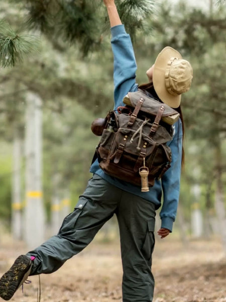 DEEPKEE original nubuck handmade full-grain genuine leather cowhide bag Canvas Spliced Leather Mountaineering Backapck #9508