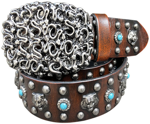 DEEPKEE original nubuck handmade full-grain genuine leather cowhide bag Heavy Industry Trend Rivets Punk Inlaid Imitation Tturquoise Cowhide Belt #191207