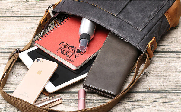 DEEPKEE original nubuck handmade full-grain genuine leather cowhide bag Waxed Canvas Mens Waterproof Side Bag, Courier Bag, Messenger Bag for Men.