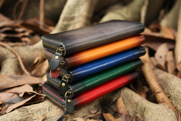 DEEPKEE original nubuck handmade full-grain genuine leather cowhide bag Deepkee Handcrafted Color Gradient Leather Long Wallet # 5415