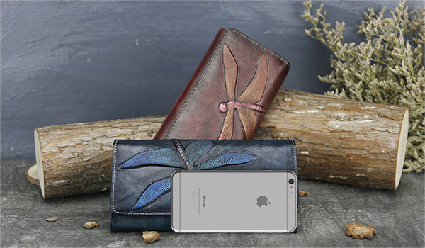 DEEPKEE original nubuck handmade full-grain genuine leather cowhide bag Deepkee Leather Carving Dragonflies Wallet #9630