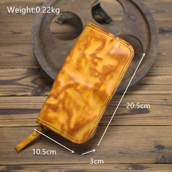 DEEPKEE original nubuck handmade full-grain genuine leather cowhide bag Handmade Leather Mens Long Chain Wallet Bifold Biker Wallet Zipper Clutch Wallet for Men #SG012